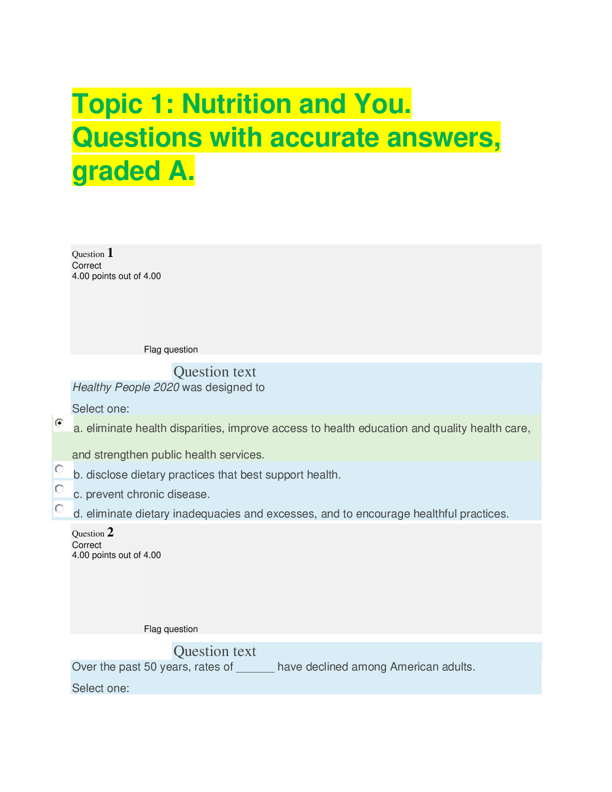 Preview image for Topic 1: Nutrition and You. Questions with accurate answers, graded A.. Latest updates. 2022